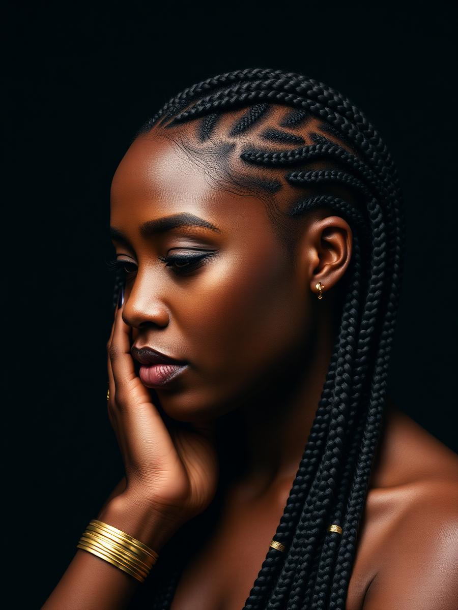 Knotless braid artistry with gold cuffs